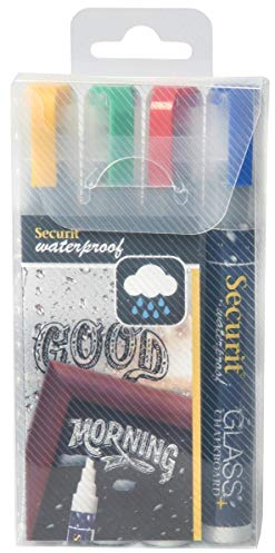 Securit Waterproof Glass & Chalkboard Marker Pens – Medium 2-6mm Fine Nib, Pack of 4 – Assorted Colours – Ideal for Signs, School Supplies & Chalkboard Art – Vibrant & Erasable