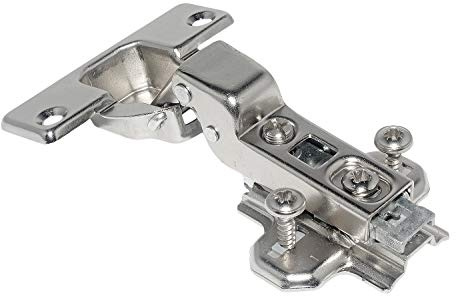 HETTICH Topfscharnier 110°, Stahl vernickelt, Topf-ø 35 mm, 1 Stück | Aufklipstechnik, Kreuzmontageplatte/Schrauben, Mittelwandanschlag, 9,5mm Kröpfung, für vorliegende Türen, Artikel-Nr. 62404