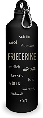 Trinkflasche mit Namen Friederike - graviert mit Positive Eigenschaften, Aluminiumflasche mit Gravur, Sportflasche - matt schwarz