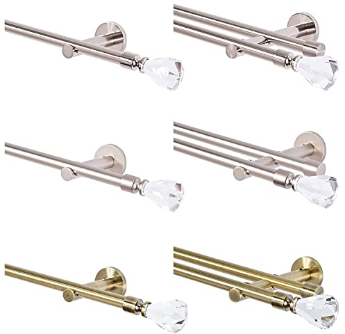 MDEKOR Gardinenstange 2 läufig 320 cm lang Edehlstahl Look | Vorhangstange doppelläufig Ø 16mm Wandhalterung | Gardienenstangenset aus Metall mit Endstück Kristall | Wandmontage Gardinenstangen