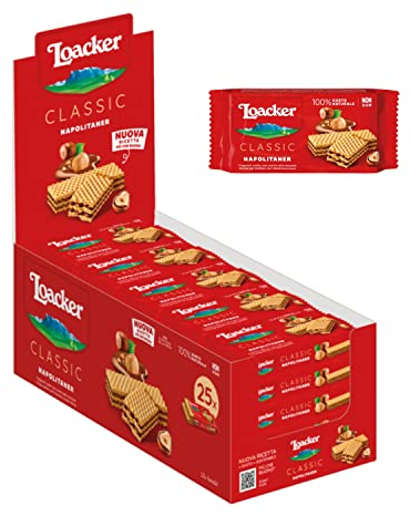 Loacker - Classic Napolitaner - Klassische Waffeln mit zwei Schichten zarter Haselnuss-Creme aus 100 % italienischen Haselnüssen in der Großpackung - Essen und Snacks 25 Stk á 45 g