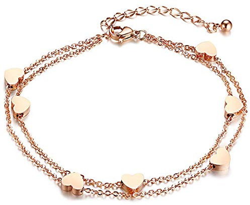 Rosegold Herz Armband mit Herz Anhängern Doppelt Kette für Frauen & Mädchen - Freundschaftsarmband (rosegold)