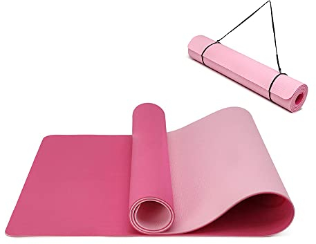 Yogamatte rutschfest und umweltfreundliche TPE Sportmatte mit Tragegurt Gymnastikmatte für Pilates, Workout Fitnessmatte 183 x 61 x 0.6 cm (Pflaume-Rosa)