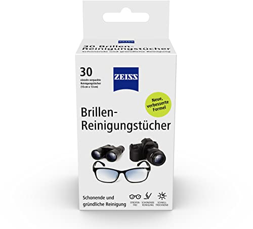 ZEISS Brillen-Reinigungstücher mit Alkohol 30 Stück zur schonenden & gründlichen Reinigung Ihrer Brillengläser - jedes Tuch einzeln verpackt - ideal für unterwegs oder auf Reisen