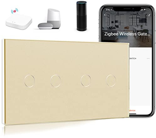 BSEED Interruptor Tactil ZIGBEE Sin Neutro,Vidrio Panel con luz Piloto,Compatible con Alexa/Tuya/Smart Life,Requiere Hub,2 Gang 1 Vía,157mm Oro