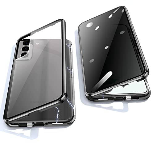 Jonwelsy Anti Peeping Hülle für Samsung Galaxy S22, 360 Grad Schutz Case, Privatsphäre Gehärtetes Glas Anti-Spähen Cover, Stark Magnetische Adsorption Metallrahmen Handyhülle für S22 (Schwarz)