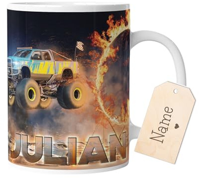 timalo® Tasse Motiv Monstertruck mit Namen bedrucken lassen | Individuelle Kindertasse mit amerikanischem Truck und Wunschname für Kinder Jungen | mug-kind16