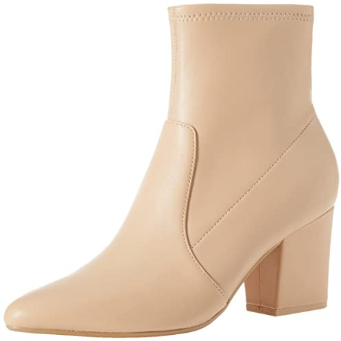Amazon Essentials Women's Fitted Stretch Heel Boot, Beige Faux Leather, 8