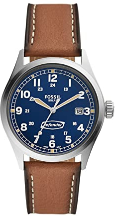 Fossil Defender Uhr für Herren, Solarbetrieben mit Edelstahl- oder Lederarmband, Hellbraun, 40MM