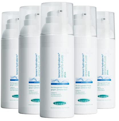 benevi hydroderm Gesichts-Fluid plus 5 x 50 ml für unreine, zu Akne neigende Haut ohne Entzündungszeichen. Leichte, lipidarme Pflege mit Milchsäure, Salicylsäure und Nicotinamid.