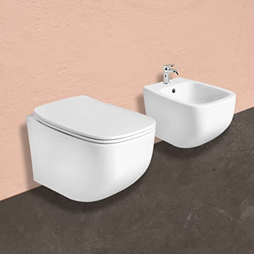 Kiamami Valentina - Set sanitari bagno sospesi bidet +wc in ceramica bianco lucido Mozart