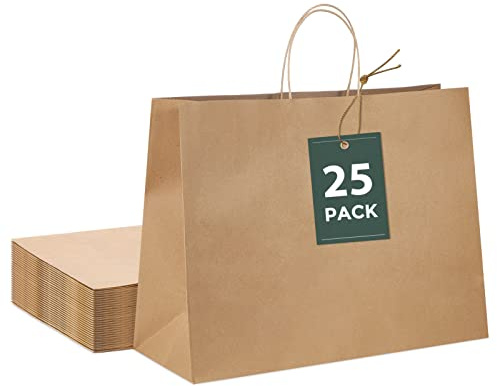 GSSUSA Lot de 25 sacs cadeaux en papier kraft avec poignées pour petites entreprises – Sacs cadeaux en papier kraft avec poignées pour boutique, service alimentaire, plats à emporter – 40,6 x 15,2 x