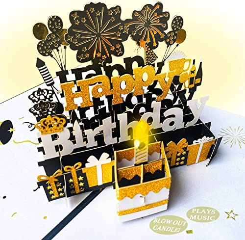 3D Feuerwerk Schwarz Gold Musik Geburtstagskarte, Pop Up Geburtstagskarte mit Klaviermusik und Kerzenblasen, Grußkarte mit Klaviermusik für Frau, Ehemann, Vatertag, Muttertag