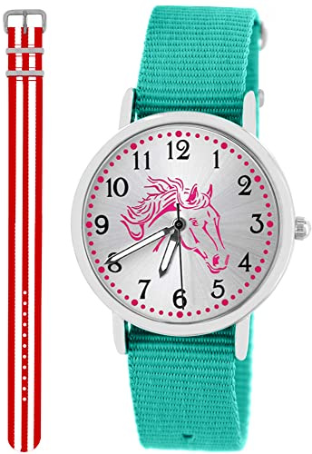 Pacific Time Kinderuhr Mädchen Pferdeuhr 2 Armbänder Rot-Weiß | Geschenk für Mädchen: rosa Pferdekopf, Sunray-Effekt, Türkis + Rot-Weiß, 2 Armbänder, 5 ATM wasserdicht, 10587