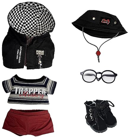 niannyyhouse 15 cm 20 cm Plüschpuppe, Kleidung, Nachtwanderer-Set, schwarzer Kapuzenpullover, T-Shirt, Hose, Fischerhut, Brille, Schuhe, weiches gefülltes Plüschtier zum Verkleiden (15 cm)