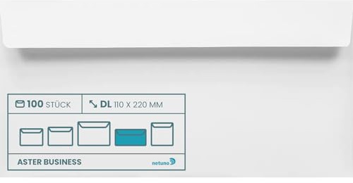 Netuno 100 Umschläge Weiß DIN Lang 11x22 cm hochwertig und stilvoll | 120g Aster Business · festliche weiße Umschläge für Büro, Rechnungen, Einladungen, Grußkarten & Abschluss