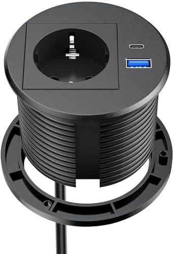 Ohuo Presa Incasso Scrivania con USB C 20W, Presa da Incasso per Mobili con USB-A 18W, Cavo da 2 m, Nero