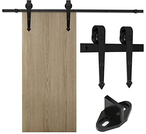 Randaco 200cm/6.6FT Schiebetürbeschlag Set, Schiebetürsystem mit einer Tragfähigkeit von 150kg, Schiebetür Schiene in dunkler Farbe für eine einzelne Holztür（Pfeilförmig）