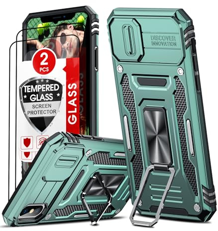 LeYi for iPhone XS/iPhone X Case with Camera Lens Cover Slider, 2 Screen Protectors, Ring Stand Military Shockproof Armour Phone Cover for iPhone X/XS, Light Green