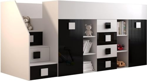 MEBLE KRYSPOL Toledo 3 Hochbett für Kinder, Jugendliche mit Stauraum - Etagenbett mit Schreibtisch, Kleiderschrank, Regal, Schubladen, Treppe - 248,5x93x123 cm - Weiß, Schwarz, Weiß + Schwarz