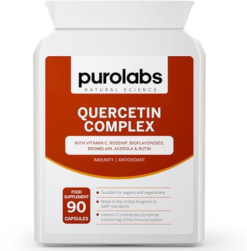 Purolabs Quercetin Supplement 500mg with Quercetin Bromelain & Vitamin C – High Strength Antioxidant & Immune Support Complex with Bioflavonoids, Rosehip & Rutin – 90 Vegan Capsules