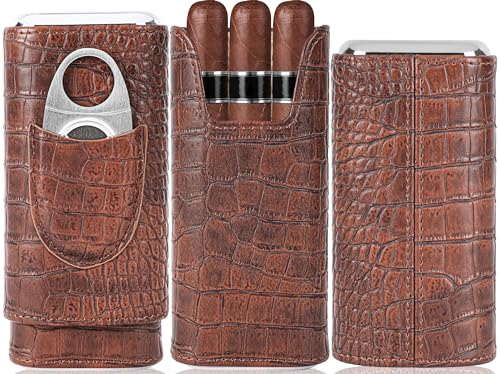 Tragbare Zigarrenhumidor-Box mit Zedernholzfutter und Zigarrenschneider elegante Zigarrenbox Zigarrenzubehör hochwertiges braunes Leder mit Krokodil-Textur, perfekt für Zigarrenliebhaber (gelb-braun)