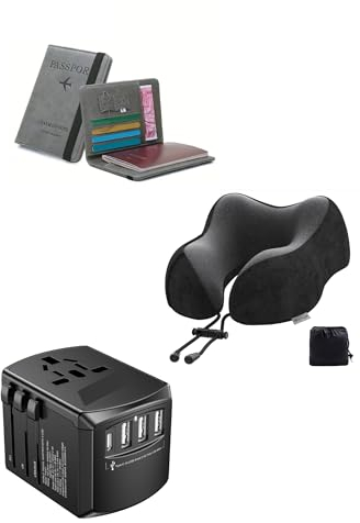 Genérico Kit de Viaje: Adaptador Enchufe Universal con Cargador USB y C, Almohada Viaje y Portadocumentos