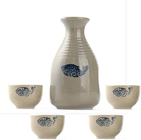 Verre à vin Artisanal en céramique, Ensemble de 5 Tasses à saké japonaises, Motif de Poisson pittoresque Peint à la Main, pour Froid/Chaud/Shochu/thé, Meilleur Cadeau pour la Famille et Les Amis