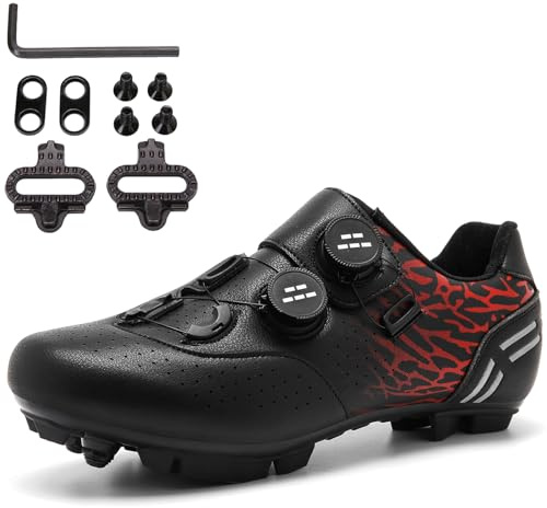 SDEQA Chaussures de Cyclisme VTT pour Homme, Chaussures D'équitation sur Montagne Respirantes Compatibles avec 2-Bolt Cleats Chaussures de Vélo,Noir,48 EU