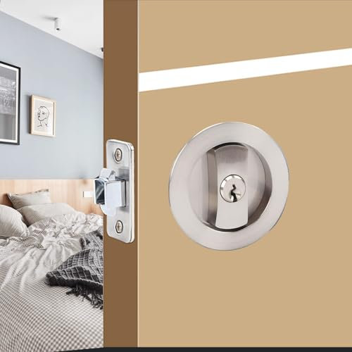 betensh Serratura per Porta Scorrevole Tondo Maniglie per porte tascabili con serratura chiave Tasca maniglia per porta invisibile 66 mm argento porta serratura per porta scorrevole Set