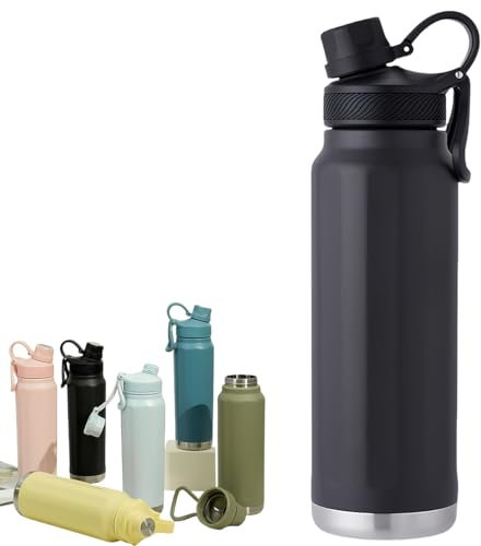 Vyloky Sport Edelstahl-Wasserflasche mit schwenkbarem Deckel 946ml BPA-freie, Studentenflasche - mit Kohlensäure, Fahrradflasche Isolierte Flasche für Fitness (Schwarze Wasserflasche, 1000ml)
