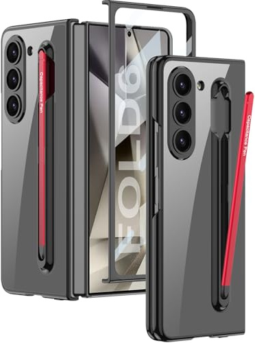 para Samsung Galaxy Z Fold 6 Funda Transparente con Soporte para S Pen y S Pen, Cristal Claro Chapado Funda con Protector de Pantalla, Carcasa de Lujo Antigolpes y Antiarañazos(Negro+Rojo Bolígrafo)