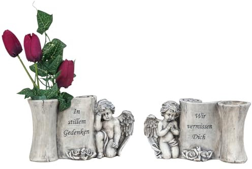 MF 2er Set Grabengel mit Blumenvase - In stillem Gedenken und Wir vermissen Dich, Polyresin, Grau, 13-13,5 cm Höhe