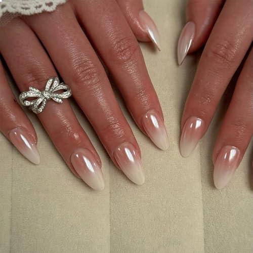 GlamRays Lot de 30 faux ongles en forme d'amande, longueur moyenne, blanc-rose brillant, pointe française, à coller, chromés, mat, manucure française, couverture complète