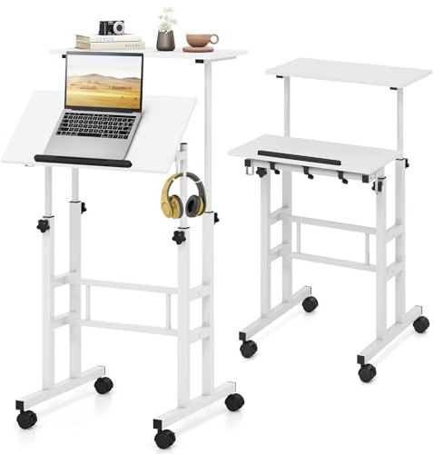 LIFEZEAL Stehpult höhenverstellbar, Schreibtisch Laptoptisch mit Rollen, beweglicher Winkel einstellbar Stehpult mit 2 Tischplatte, für Büro, Schlafzimmer & Wohnzimmer (Weiß)