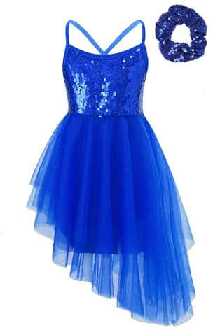 Oyolan Kids Girls Sequins Lyrical Ballet Dance Dress Irregular Mesh Tutu Camisole Dance Leotard Ballroom Costume Blue 9-10 Years