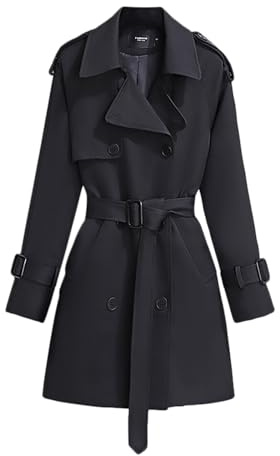 Saklifuo Solid Windbreaker för kvinnor smal passform trenchcoat lång jacka ytterkläder med bältesknapp, Stil kort – svart, S