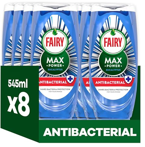 Fairy Max Power Wash Up Liquid Antibakteriell 8 x 545 ml, enkel och enkel rengöring, även på dina fettaste kastruller och stekpannor