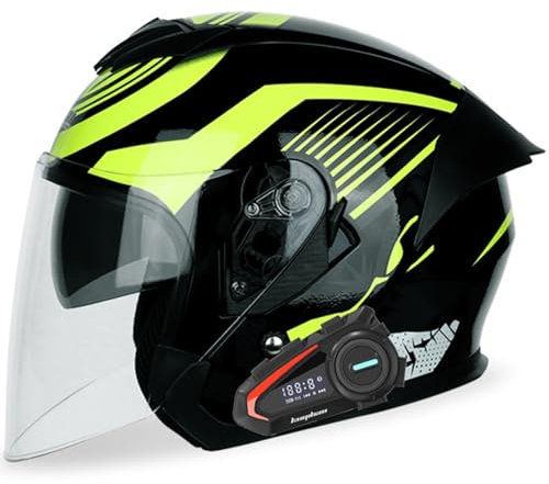 Bluetooth Jethelm 3/4 Motorradhelm ECEDOT Zertifizierung Integrierter Bluetooth-Helm Jet Scooter Helm Rollerhelm Jet-Helm Herren Damen mit Doppelvisier Antikollisions-Helm 1,XL=61~62CM
