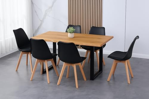 SAM 7-TLG. Essgruppe Josy 220x100 cm, Wildeiche-Optik, 6X Stuhl Schwarz | Holz Wildeiche-Optik, 40 mm Platte, U-Gestell Schwarz, 6X Schalenstuhl Schwarz + Buche-Gestell