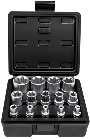 AFEPHE 14-tlg. Außen Torx Steckschlüssel Set 1/4 3/8 1/2, Torxschlüssel Nuss Set Stecknüsse Steckschlüsseleinsätze E4-E24(Schwarz)