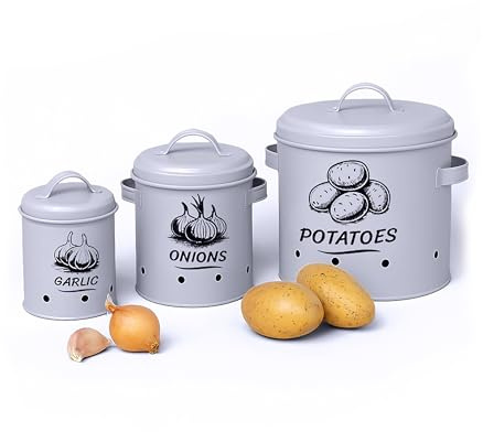 Relaxdays Potato Storage Box, Onions, Garlic, Set of 3, with Lid & Holes, Metal, Onion Pot, Grey