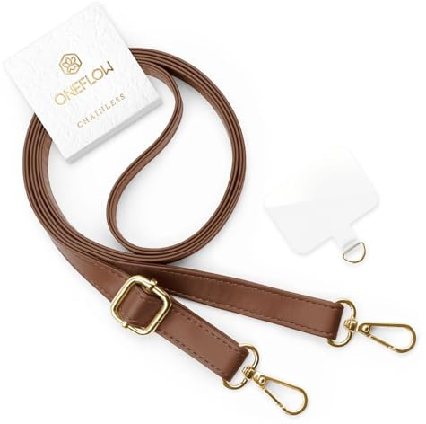 ONEFLOW Universal Handykette zum Umhängen Abnehmbar mit Karabiner, Kette Leder Style Handyband lang mit Einleger Pad für Handy Hüllen, Kunstleder Band Verstellbar, Chainless Metro Strap - PARENT