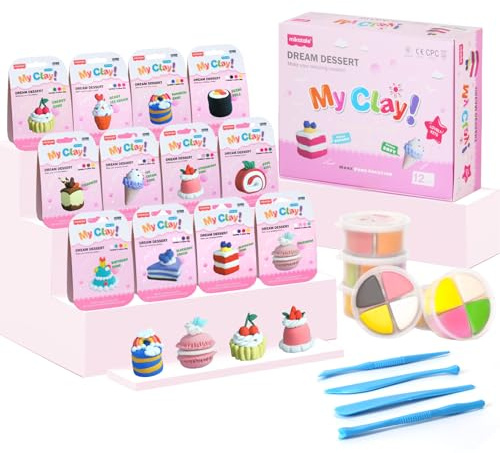 Air Dry Clay Kit, Modeling Magic Clay for Kids,12 Desserts DIY Sculpting Set, Ultra Light & Soft, Safe Art Crafts Set for School Projects, Home Crafts,Party Activities, Gifts for Boys & Girls