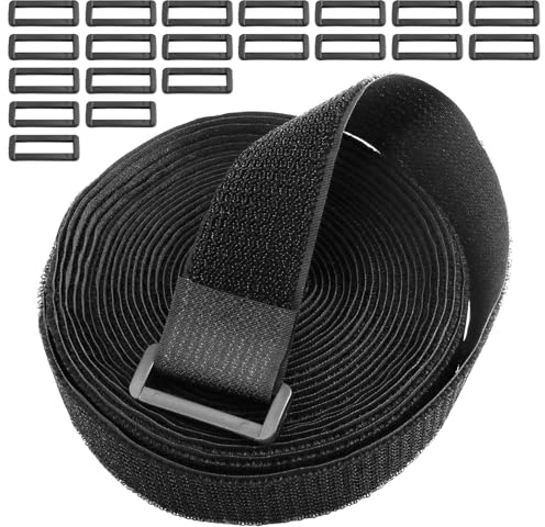 HONYUET Hook Loop Cable Strap, 4cm x 5m Black Adjustable Fastening Tape with 20 Plastic Buckles for Wire Management