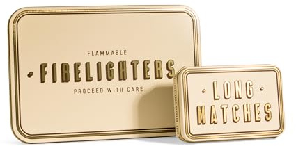 TINIT Firelighter and Match Tin Set - Storage Accessory Metal Tin Natural Woodburner Fire Stove Fireplace Fireside Mens Gift Present BBQ Matches Unique Gift Housewarming (Gold on Putty)