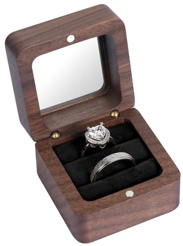 Ringbox Holz, Ringbox Hochzeit, Vintage Massive Walnuss Ringschatulle, Ringbox mit Doppeltem Schlitz für Heiratsantrag, Verlobung, Hochzeit und Tägliche Lagerung(Schwarze Innenausstattung mit Fenster)