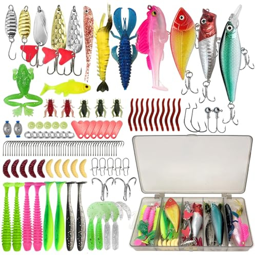 133 PCS Angeln Köder Set mit Köderbox - Zander, Forelle, Barsch, Wobbler Hecht, Angelzubehör, Gemischt Kunstköder, Gummifische, Spinner, Popper, Jigheads, Haken & Zubehör für Süß- & Salzwasser