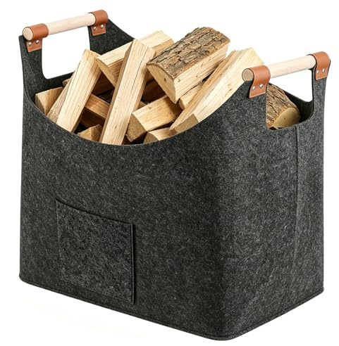 Borsa In Feltro Per Legna Da Ardere 45 X 32 X 40 Cm 60L, in Feltro extra Spesso, Manico Rinforzato, Per Lo Stoccaggio Della Legna Da Ardere In Interni, Cesto In Legno