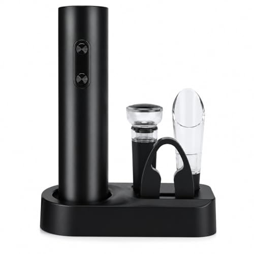 Sacacorchos Eléctrico a Pilas 5 en 1, Abrebotellas de Vino Automático con Cortacápsulas, Vertedor, Tapón al Vacío y Base, para Botellas de Corcho Natural y Sintético, Negro